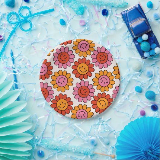 Floral Smile 70s Girly  Pattern Hippie Papieren Bordje (Feest)