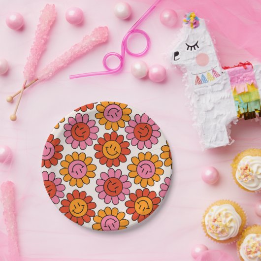 Floral Smile 70s Girly  Pattern Hippie Papieren Bordje (Feest)