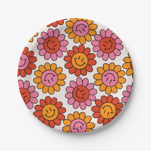 Floral Smile 70s Girly  Pattern Hippie Papieren Bordje (Voorkant)