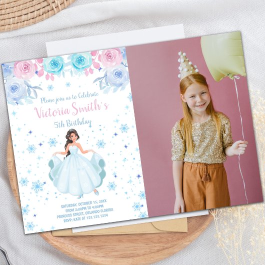 Floral Snow Falk Princess Birthday Invitation Kaart
