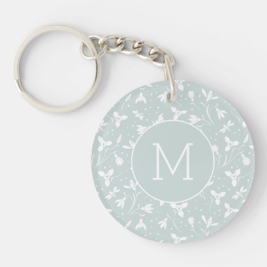 Floral Snowdrop Pattern Monogram. Pastel Green Sleutelhanger (Voorkant)