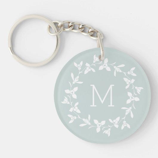 Floral Snowdrop Wreath met Monogram. Pastel Green Sleutelhanger (Voorkant)