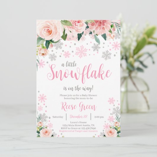 Floral Snowflake Baby shower Invitation Kaart (Staand voorkant)