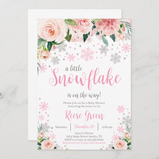 Floral Snowflake Baby shower Invitation Kaart (Voorkant / Achterkant)