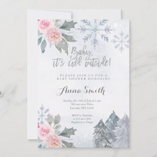 Floral Snowflakes Winter Baby shower Uitnodiging (Voorkant)