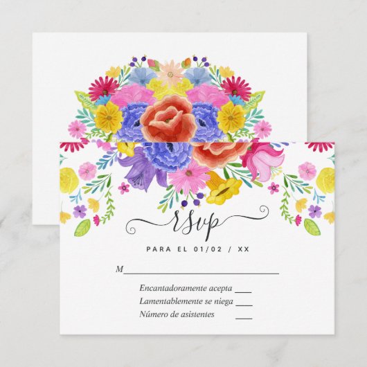 Floral Spain Fiesta Quinceañera RSVP Kaartje (Voorkant / Achterkant)