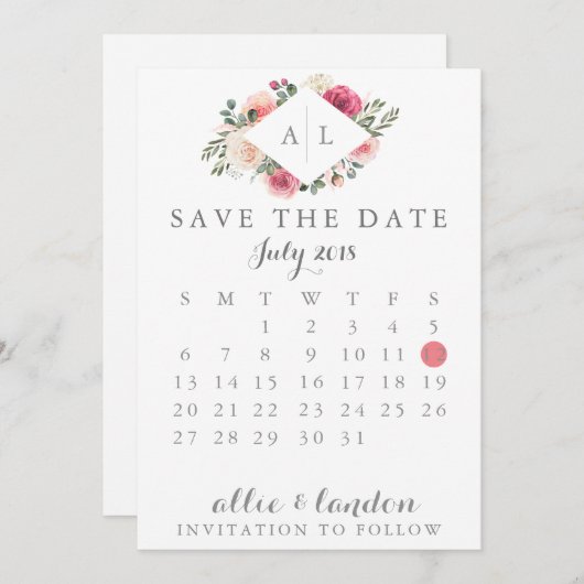 Floral sparen de DatumKalender Save The Date (Voorkant / Achterkant)