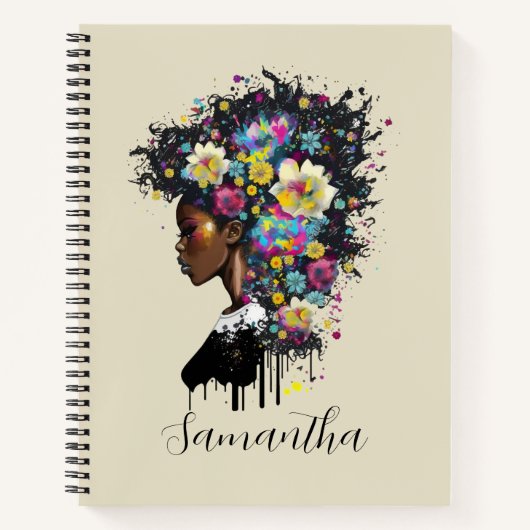Floral Sparking African American Woman Notitieboek (Voorkant)