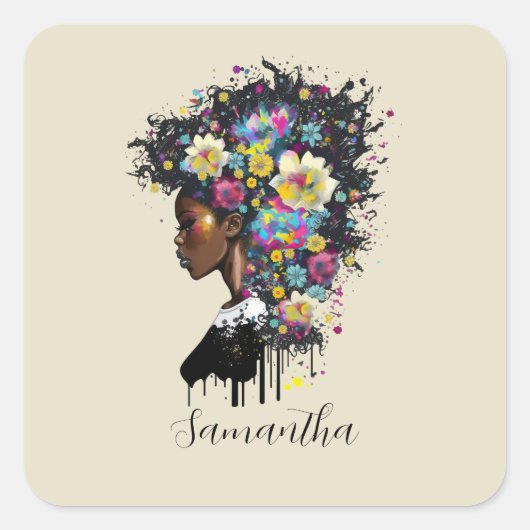 Floral Sparking African American Woman Vierkante Sticker (Voorkant)