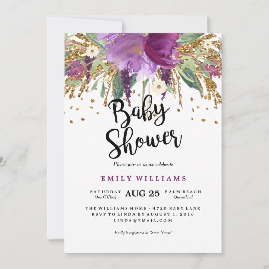 Floral Sparking Amethyst Baby shower Invitation Kaart (Voorkant)