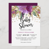 Floral Sparking Amethyst Baby shower Invitation Kaart (Voorkant / Achterkant)