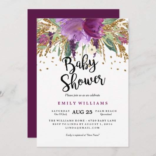 Floral Sparking Amethyst Baby shower Invitation Kaart (Voorkant / Achterkant)