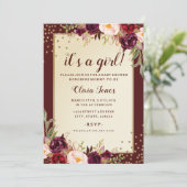 Floral Sparkle Bourgogne Baby shower Uitnodiging (Staand voorkant)