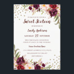 Floral Sparkle Burgundy Red Sweet Sixteen Invite Kaart<br><div class="desc">Meer Floral Sweet Sixteen-uitvindingen in de Little Bayleigh Store.</div>