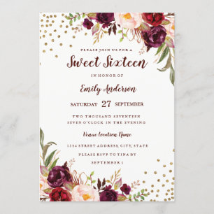 Floral Sparkle Burgundy Red Sweet Sixteen Invite Kaart