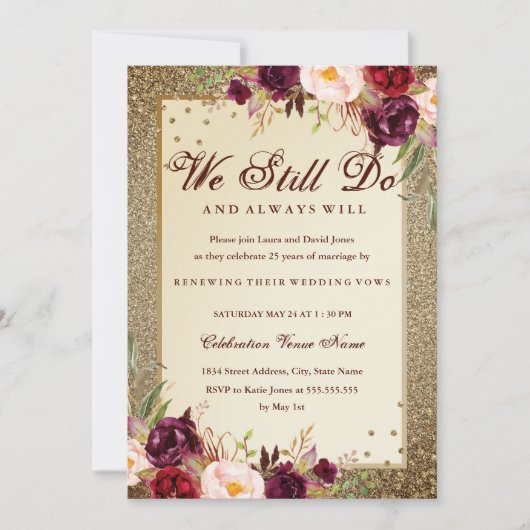 Floral Sparkle Gold Vow Renewal Jubileum Kaart (Voorkant)