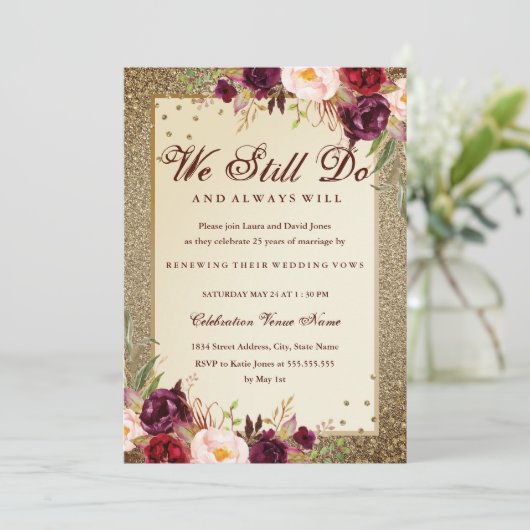 Floral Sparkle Gold Vow Renewal Jubileum Kaart (Staand voorkant)