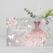 Floral Sparkle Jurk Vlinder Roze Quinceanera Folie Uitnodiging (Staand Voorkant)
