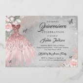 Floral Sparkle Jurk Vlinder Roze Quinceanera Folie Uitnodiging (Achterkant)