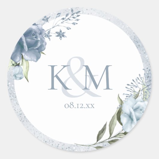 Floral Sparkle Wedding Initialen Dusty Blue ID889 Ronde Sticker (Voorkant)