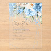 Floral Sparkles Sweet Sixteen Blue ID912 Acryl Uitnodigingen (Voorkant)