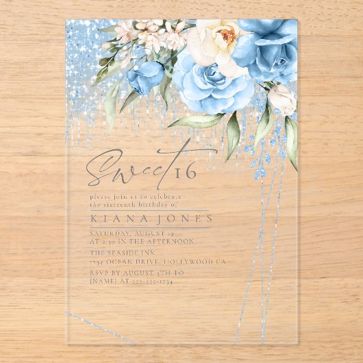 Floral Sparkles Sweet Sixteen Blue ID912 Acryl Uitnodigingen (Voorkant)