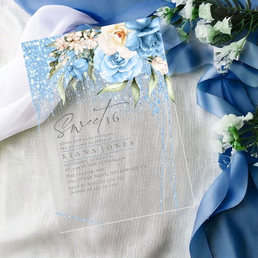 Floral Sparkles Sweet Sixteen Blue ID912 Acryl Uitnodigingen