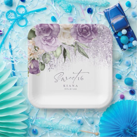 Floral Sparkles Sweet Sixteen Mauve ID912 Papieren Bordje (Feest)