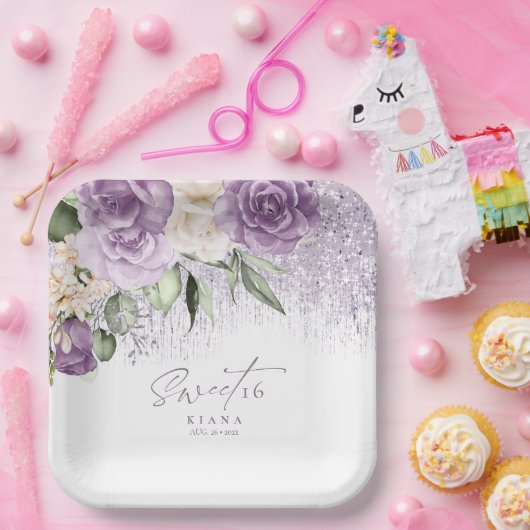 Floral Sparkles Sweet Sixteen Mauve ID912 Papieren Bordje (Feest)