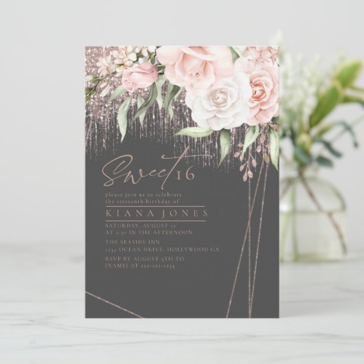 Floral Sparkles Sweet Sixteen Roos Gold/Blk ID912 (Staand voorkant)