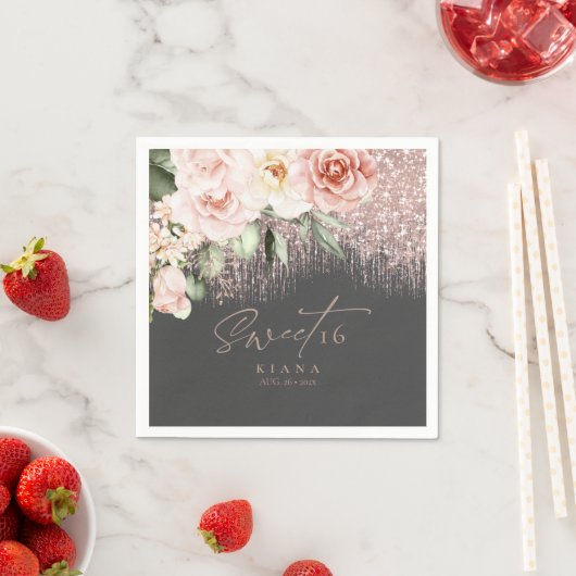 Floral Sparkles Sweet Sixteen Roos Gold/Blk ID912 Servet (Insitu)
