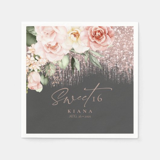 Floral Sparkles Sweet Sixteen Roos Gold/Blk ID912 Servet (Voorkant)
