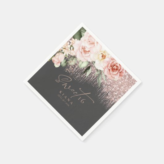 Floral Sparkles Sweet Sixteen Roos Gold/Blk ID912 Servet (Hoek)