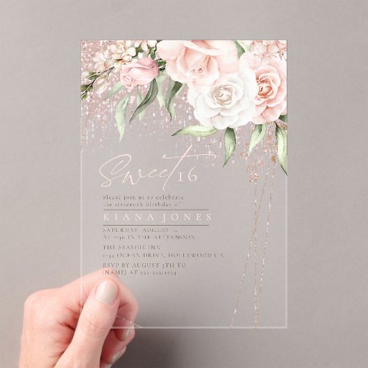 Floral Sparkles Sweet Sixteen Roos Gold ID912 Acryl Uitnodigingen (Insitu (Draagbaar))