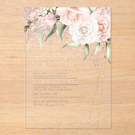 Floral Sparkles Sweet Sixteen Roos Gold ID912 Acryl Uitnodigingen (Voorkant)