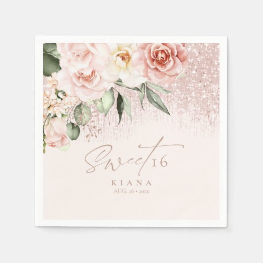 Floral Sparkles Sweet Sixteen Roos Gold ID912 Servet (Voorkant)