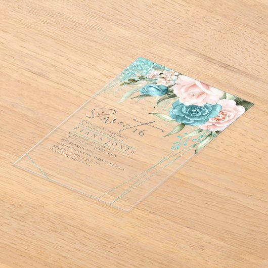 Floral Sparkles Sweet Sixteen Teal ID912 Acryl Uitnodigingen (Laagn)