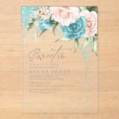 Floral Sparkles Sweet Sixteen Teal ID912 Acryl Uitnodigingen (Voorkant)
