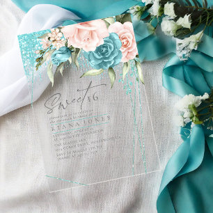 Floral Sparkles Sweet Sixteen Teal ID912 Acryl Uitnodigingen