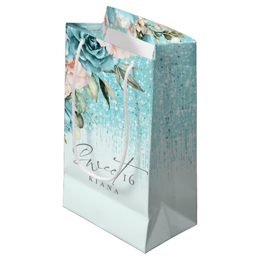 Floral Sparkles Sweet Sixteen Teal ID912 Klein Cadeauzakje (Voorkant Gekanteld)