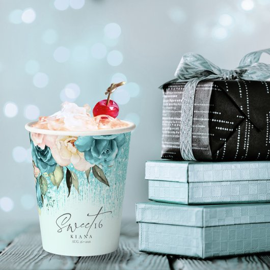 Floral Sparkles Sweet Sixteen Teal ID912 Papieren Bekers