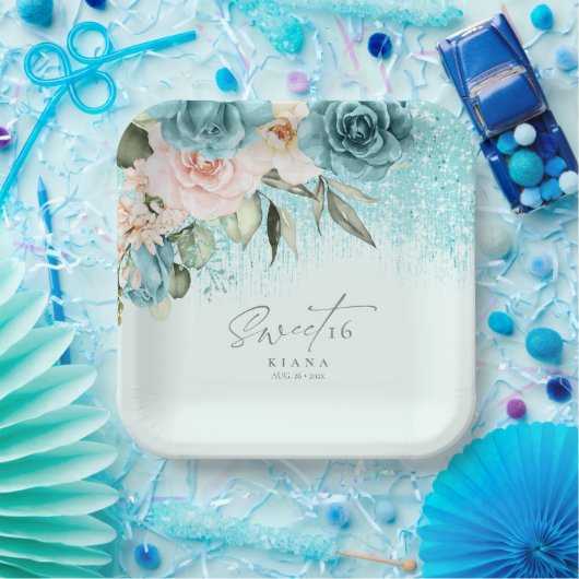 Floral Sparkles Sweet Sixteen Teal ID912 Papieren Bordje (Feest)