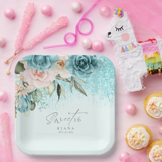 Floral Sparkles Sweet Sixteen Teal ID912 Papieren Bordje (Feest)