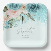 Floral Sparkles Sweet Sixteen Teal ID912 Papieren Bordje (Voorkant)
