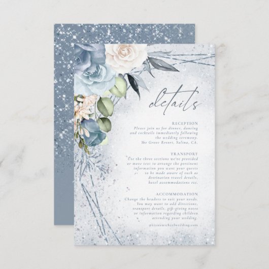 Floral Sparkles Wedding Details Dusty Blue ID889 Informatiekaartje (Voorkant / Achterkant)