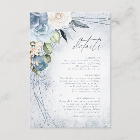 Floral Sparkles Wedding Details Dusty Blue ID889 Informatiekaartje (Voorkant)