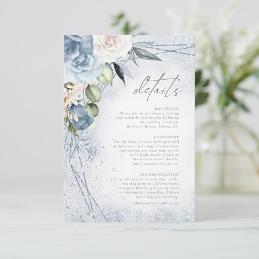 Floral Sparkles Wedding Details Dusty Blue ID889 Informatiekaartje (Staand voorkant)