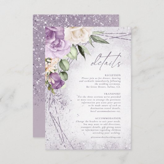 Floral Sparkles Wedding Details Mauve ID889 Informatiekaartje (Voorkant / Achterkant)