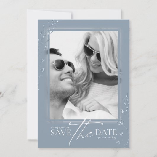 Floral Sparkles Wedding Dusty Blue V2 ID889 Save The Date (Voorkant)