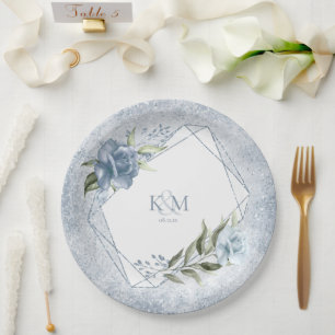 Floral Sparkles Wedding Initialen Blue ID889 Papieren Bordje